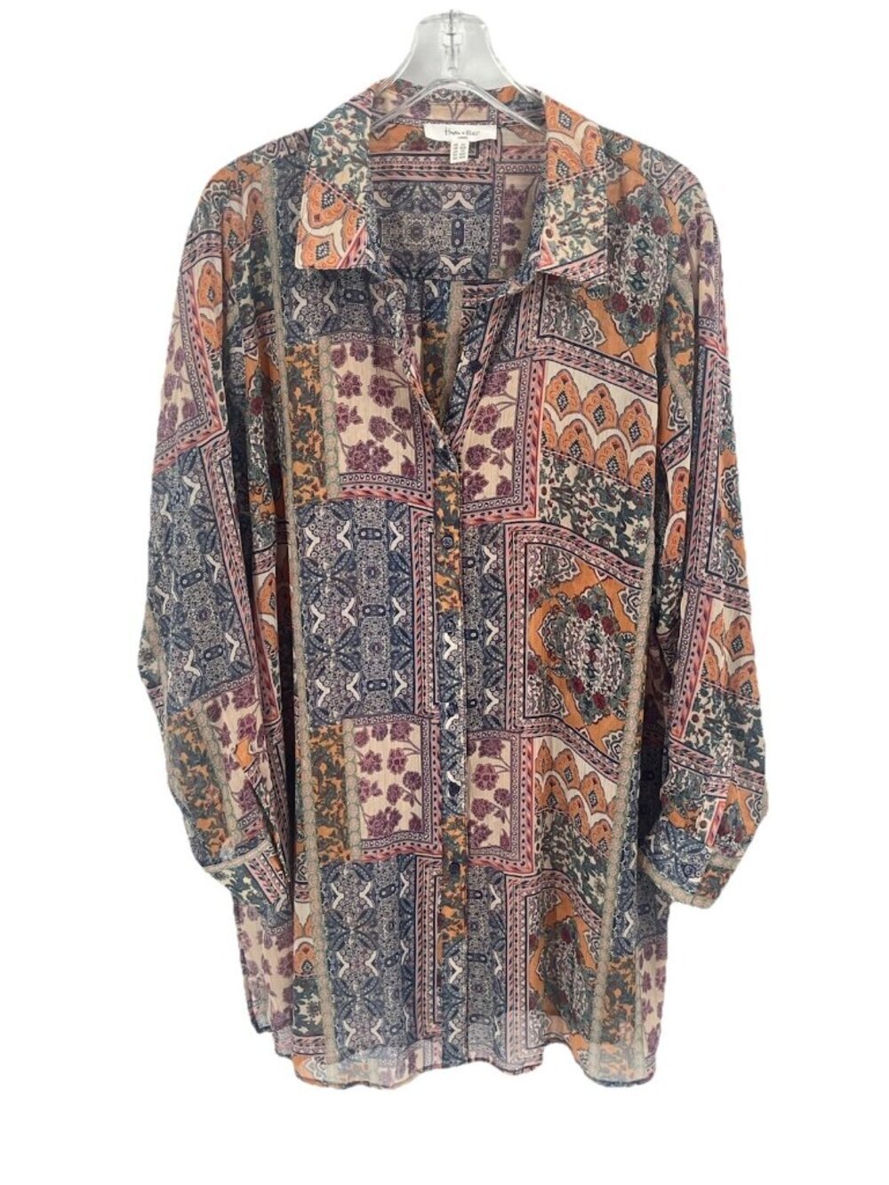 Haver & Blair Sheer Patchwork Boho Paisley Button Down Flowy Tunic Top Sz 3X